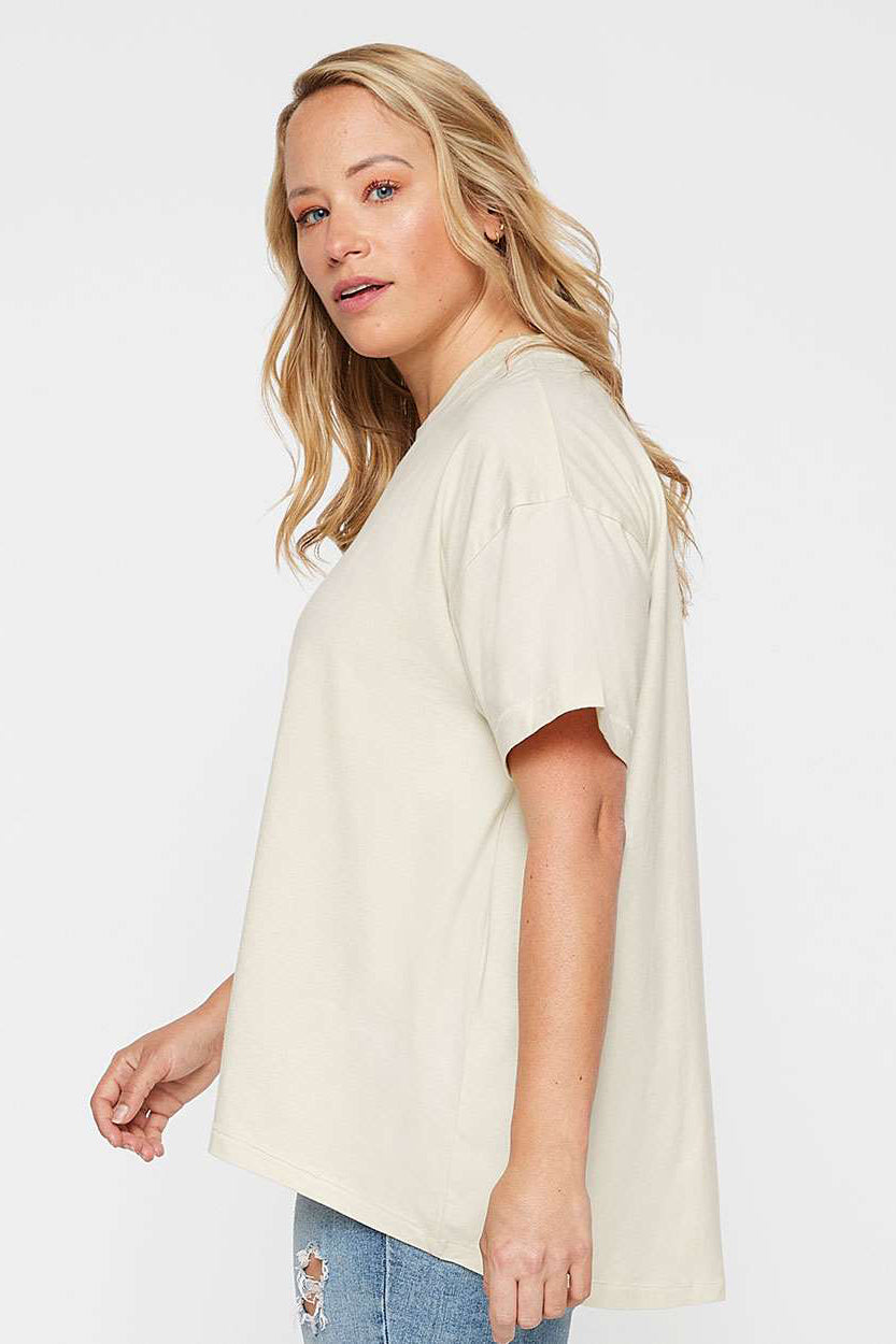 LAT 3519 Womens Hi-Lo Short Sleeve Crewneck T-Shirt Natural Model Side