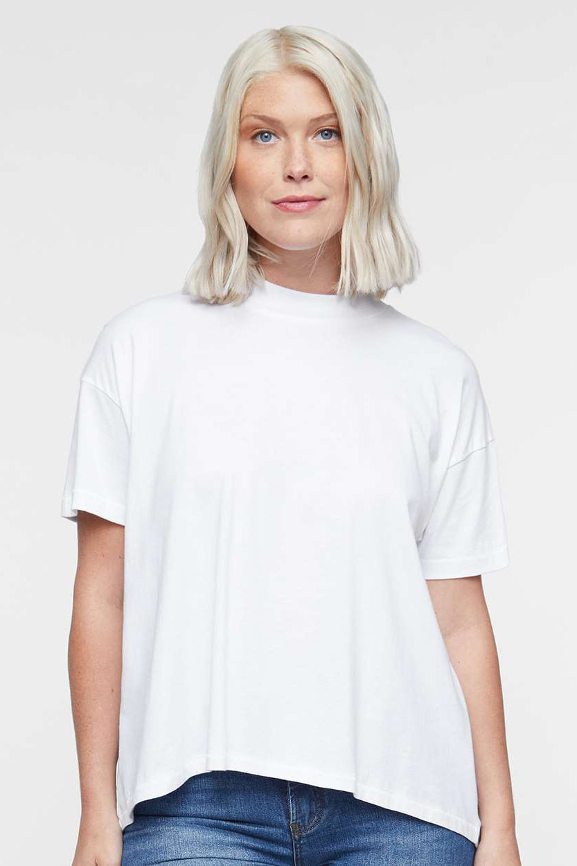 LAT 3519 Womens Hi-Lo Short Sleeve Crewneck T-Shirt White Model Front