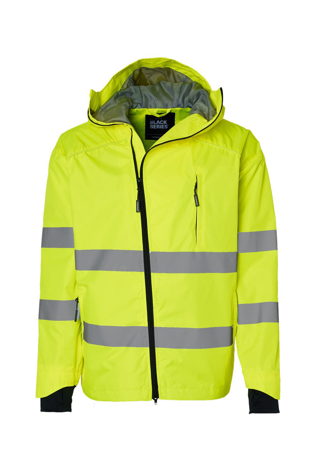 Kishigo WB102 Mens Premium Black Series Wind & Water Resistant Full Zip Hooded Windbreaker Jacket Lime Green/Black Flat Front
