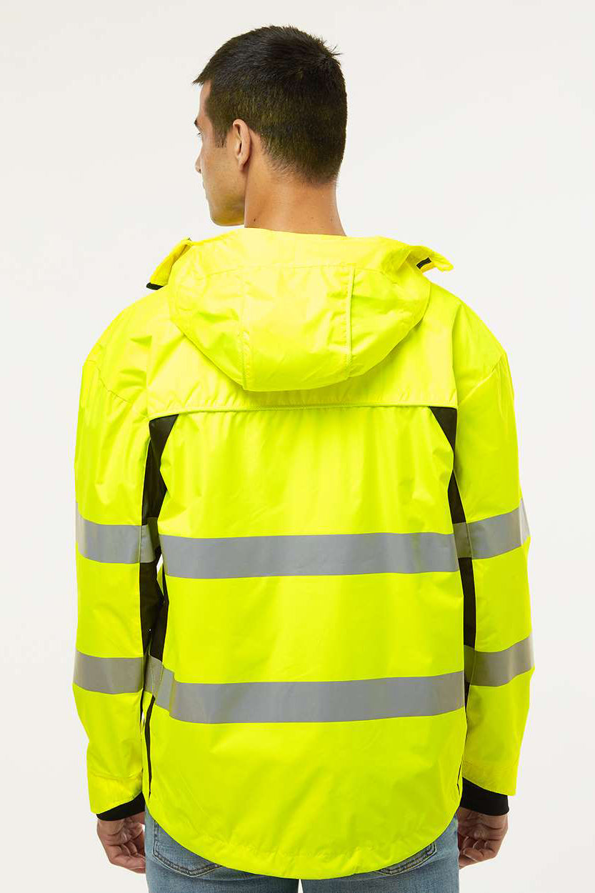 Kishigo WB102 Mens Premium Black Series Wind & Water Resistant Full Zip Hooded Windbreaker Jacket Lime Green/Black Model Back