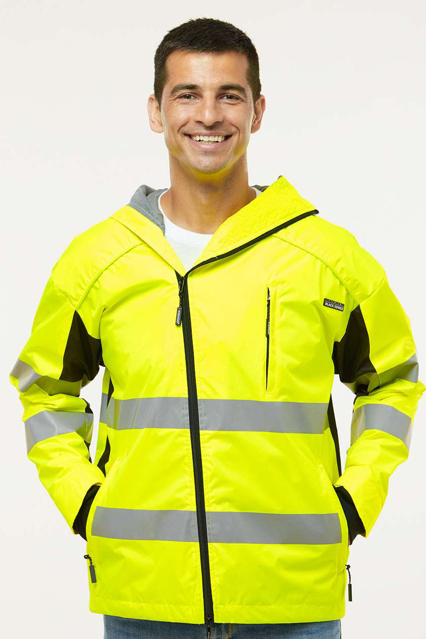 Kishigo WB102 Mens Premium Black Series Wind & Water Resistant Full Zip Hooded Windbreaker Jacket Lime Green/Black Model Front