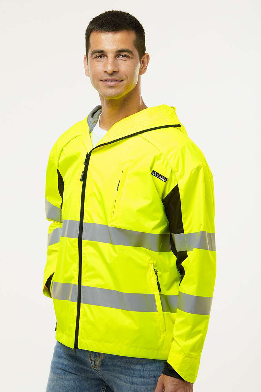 Kishigo WB102 Mens Premium Black Series Wind & Water Resistant Full Zip Hooded Windbreaker Jacket Lime Green/Black Model Side