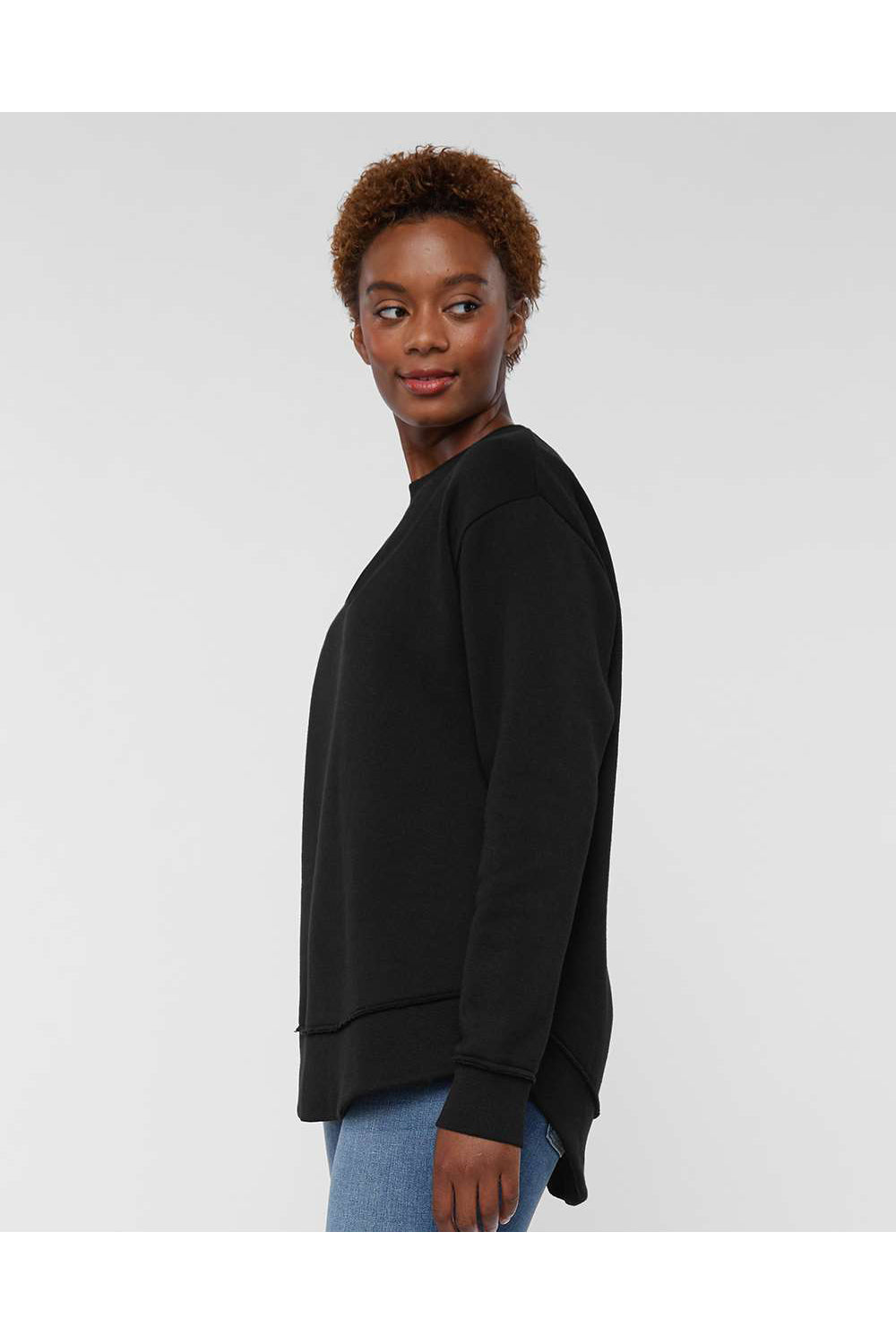 LAT 3525 Womens Weekend Fleece Crewneck Sweatshirt Black Model Side