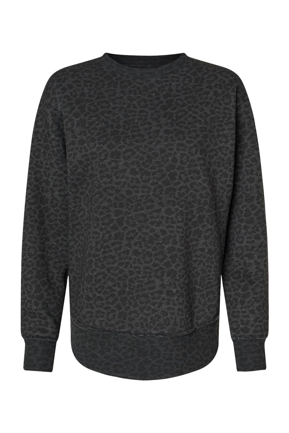 LAT 3525 Womens Weekend Fleece Crewneck Sweatshirt Black Leopard Flat Front