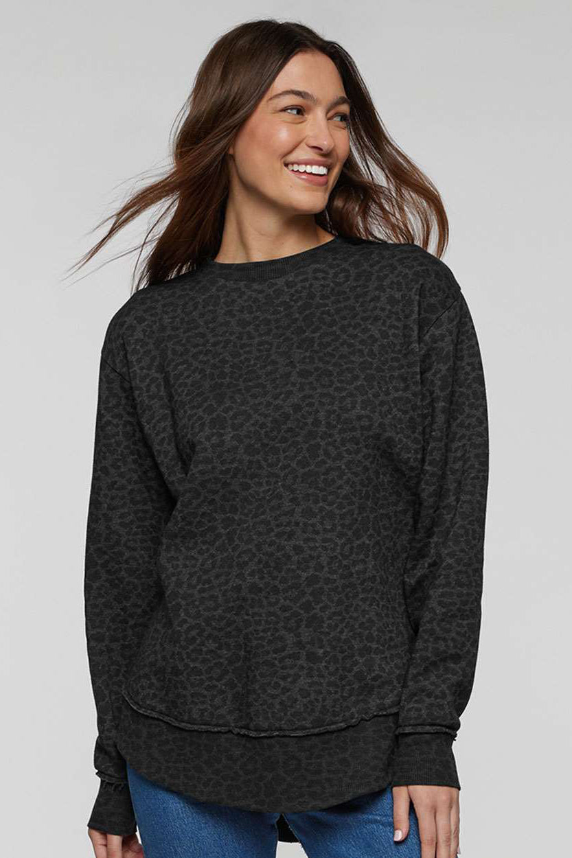 LAT 3525 Womens Weekend Fleece Crewneck Sweatshirt Black Leopard Model Front