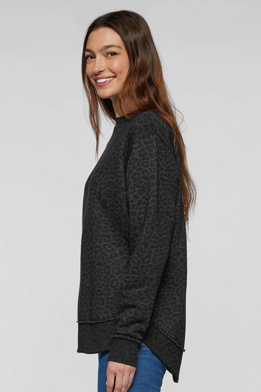 LAT 3525 Womens Weekend Fleece Crewneck Sweatshirt Black Leopard Model Side