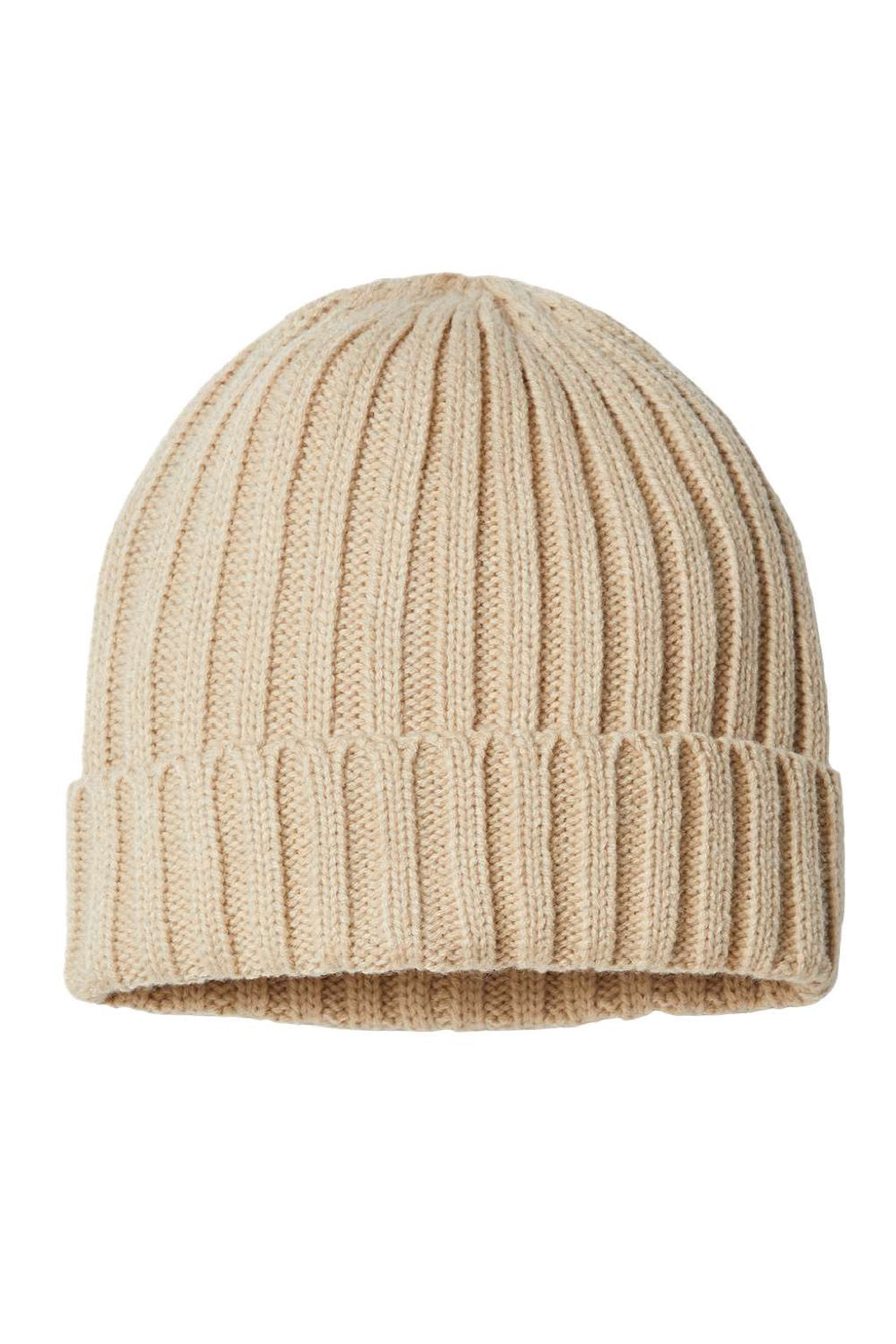 Atlantis Hats SHORE Unisex Sustainable Cable Knit Cuffed Beanie Light Beige Flat Front