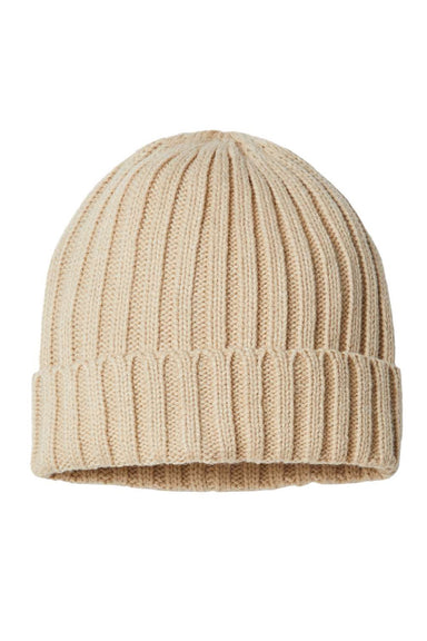 Atlantis Hats SHORE Unisex Sustainable Cable Knit Cuffed Beanie Light Beige Flat Front