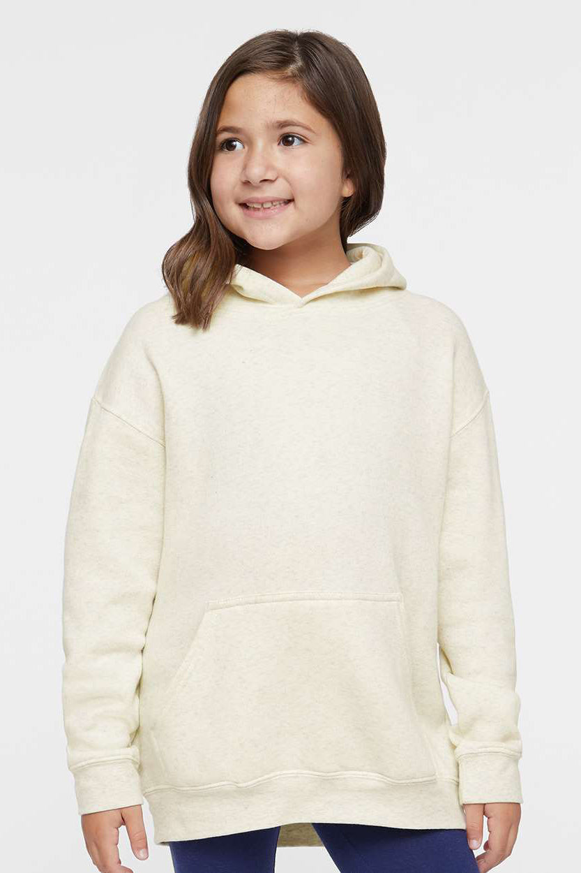 LAT 2296 Youth Fleece Hooded Sweatshirt Hoodie w/ Pouch Pocket Heather Natural Model Front