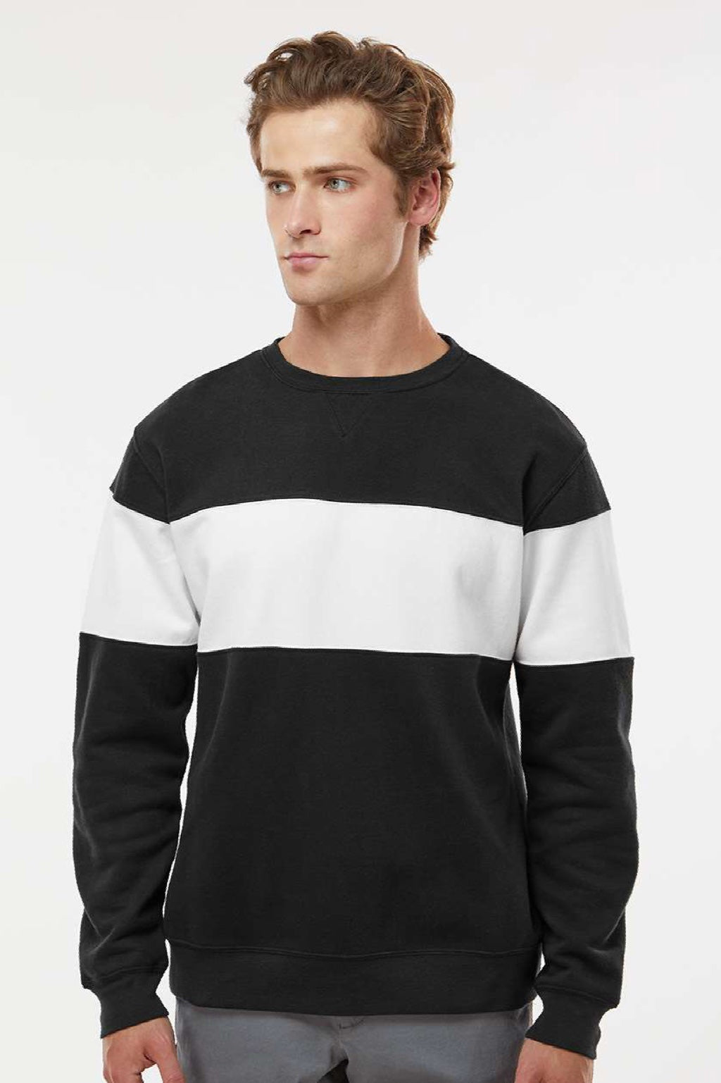 J America 8646 Mens Varsity Fleece Crewneck Sweatshirt Black Model Front