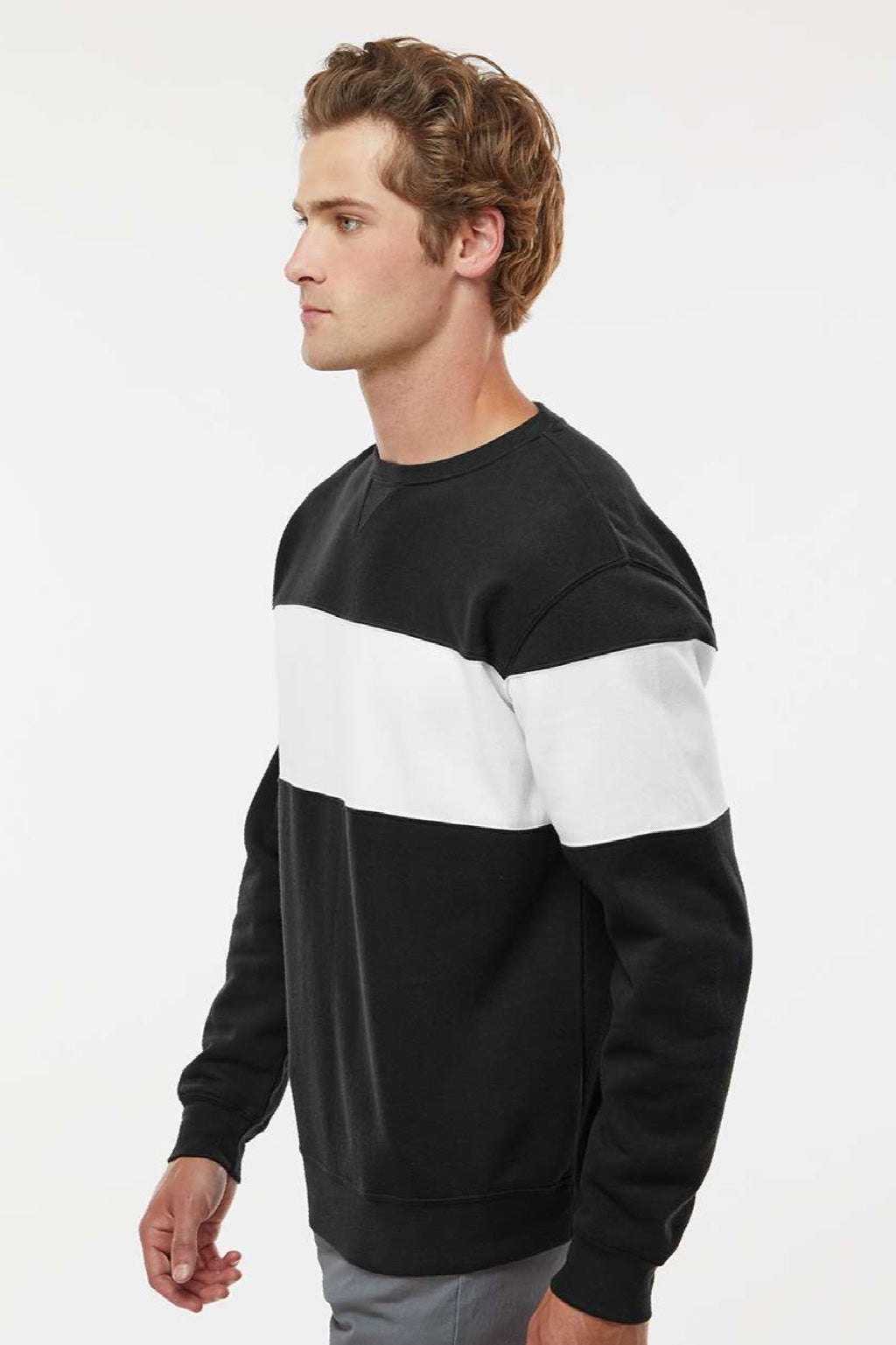 J America 8646 Mens Varsity Fleece Crewneck Sweatshirt Black Model Side