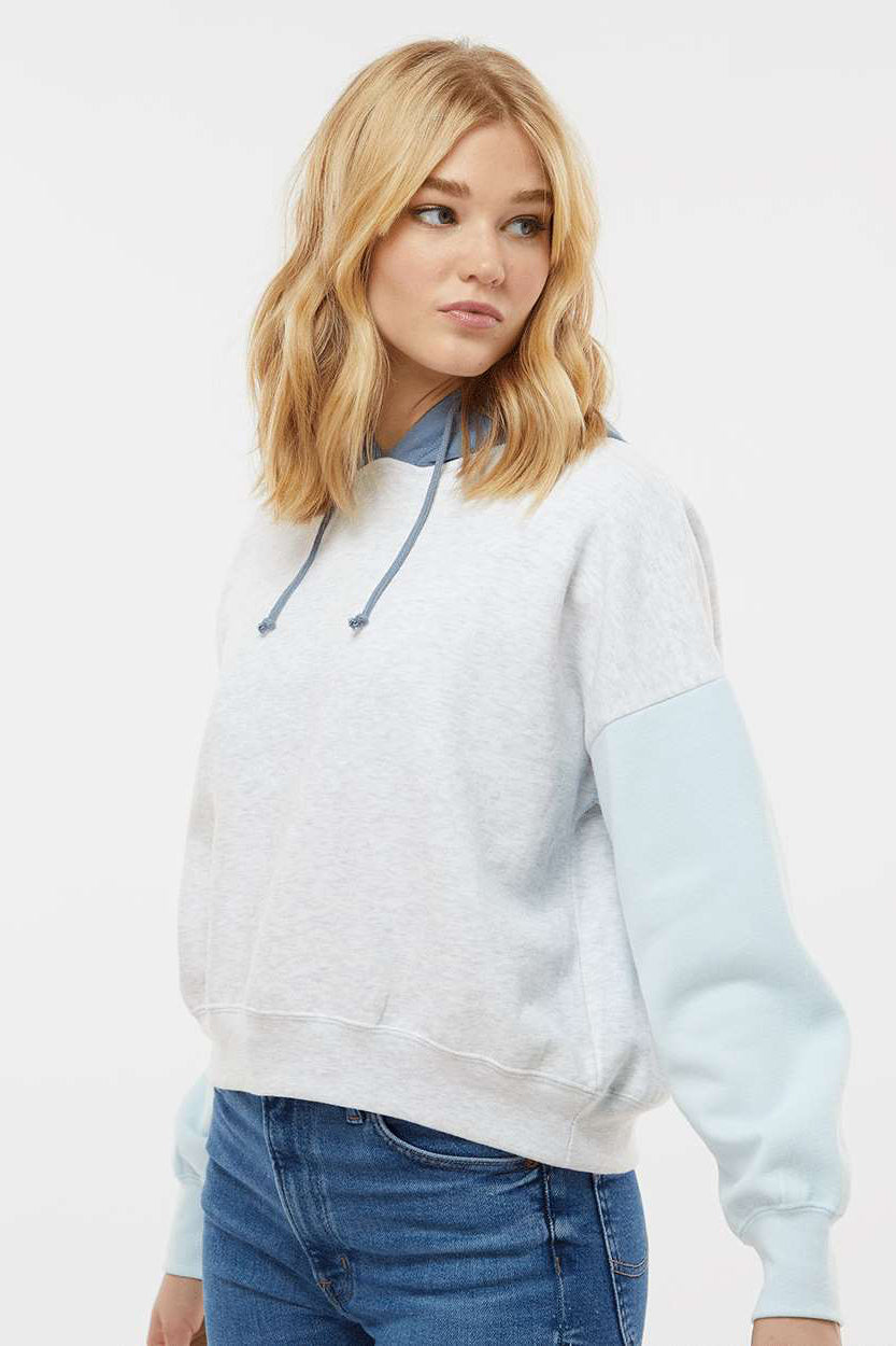 MV Sport W23716 Womens Sueded Fleece Colorblock Crop Hooded Sweatshirt Hoodie Arctic Blue Model Side