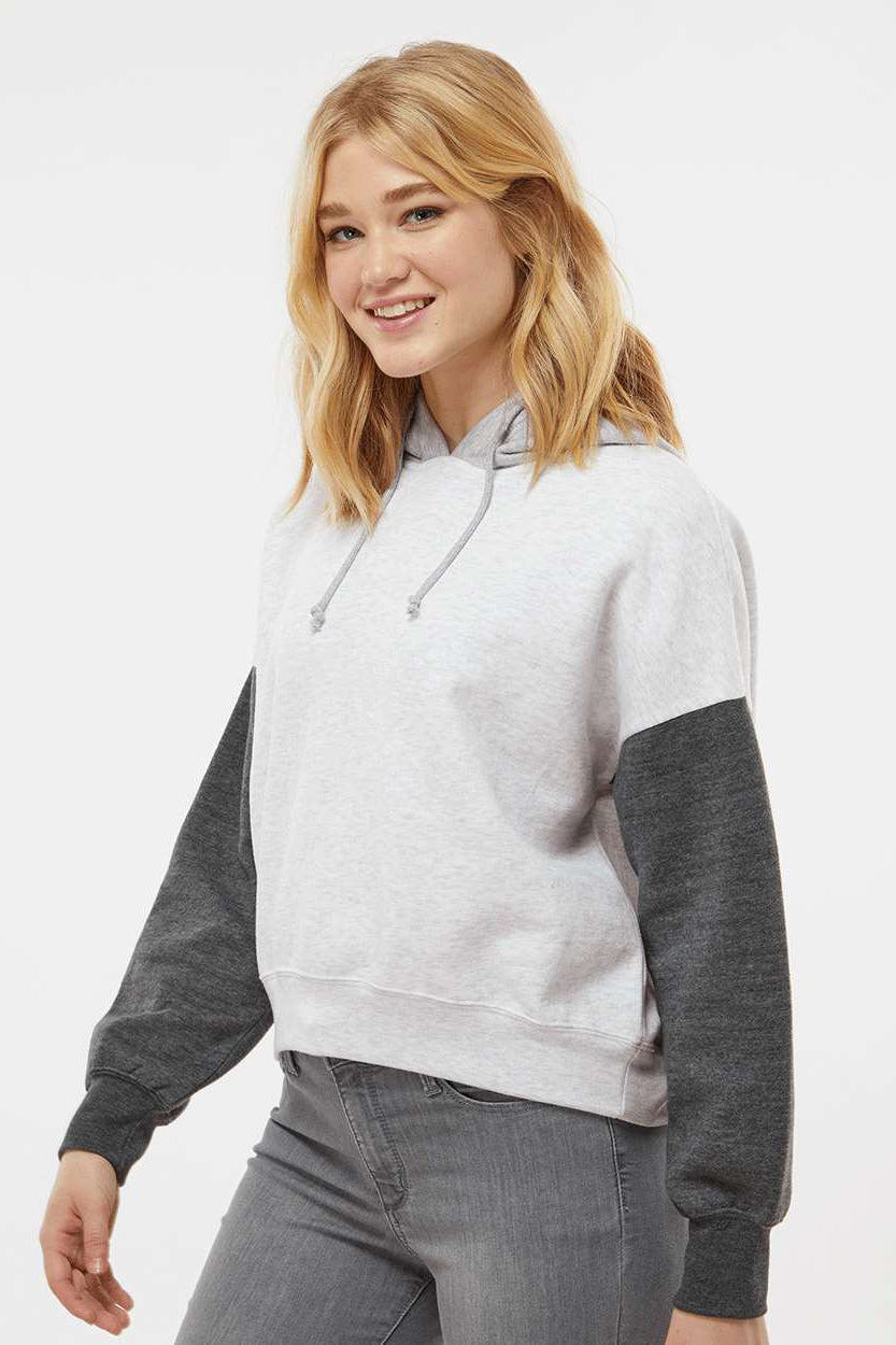MV Sport W23716 Womens Sueded Fleece Colorblock Crop Hooded Sweatshirt Hoodie Charcoal Grey Model Side