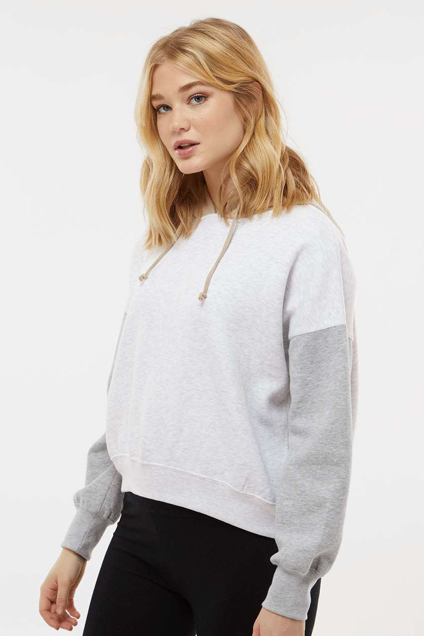 MV Sport W23716 Womens Sueded Fleece Colorblock Crop Hooded Sweatshirt Hoodie Heather Grey Model Side