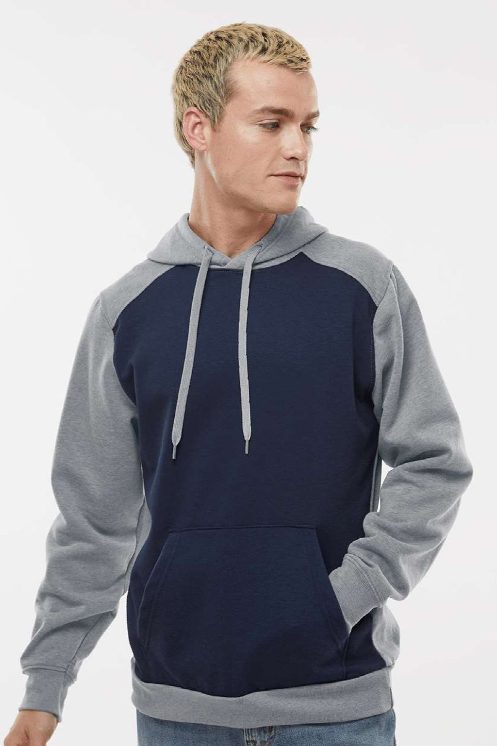 Augusta Sportswear 6865 Mens Eco Revive 3 Season Fleece Hooded Sweatshirt Hoodie w/ Pouch Pocket Navy Blue/Heather Grey Model Front