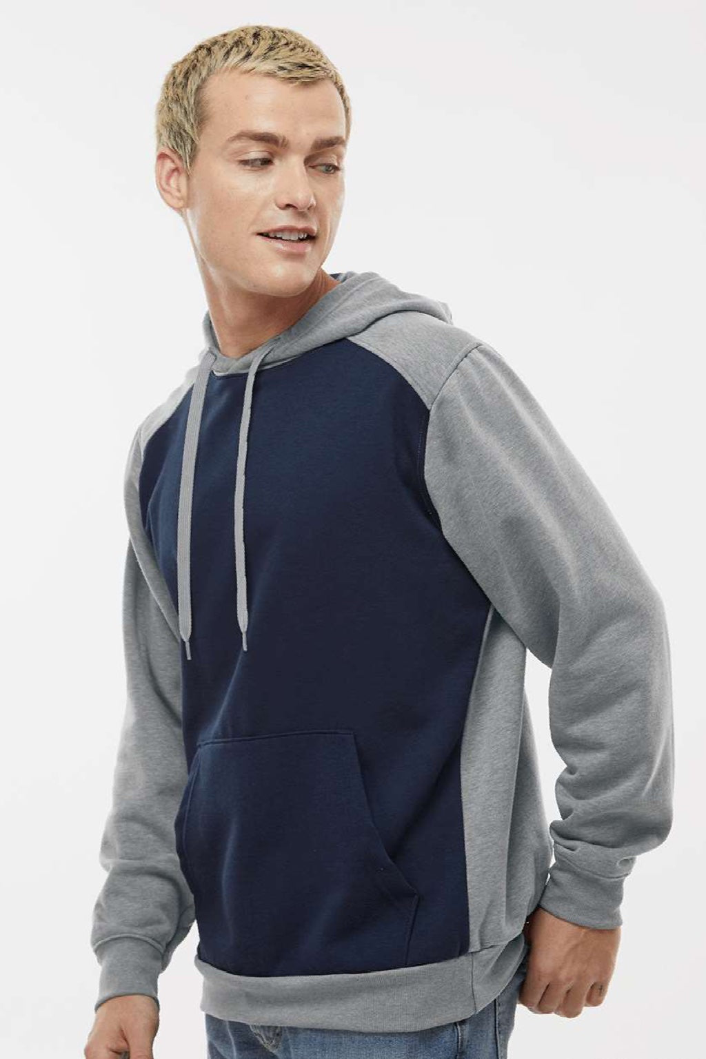Augusta Sportswear 6865 Mens Eco Revive 3 Season Fleece Hooded Sweatshirt Hoodie w/ Pouch Pocket Navy Blue/Heather Grey Model Side