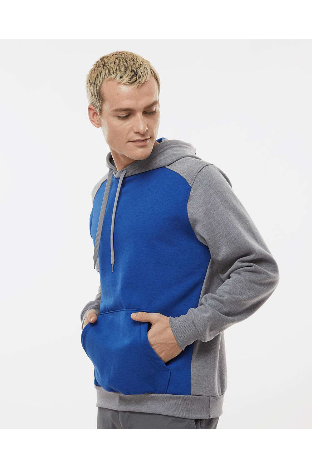 Augusta Sportswear 6865 Mens Eco Revive 3 Season Fleece Hooded Sweatshirt Hoodie Royal Blue/Heather Grey Model Side