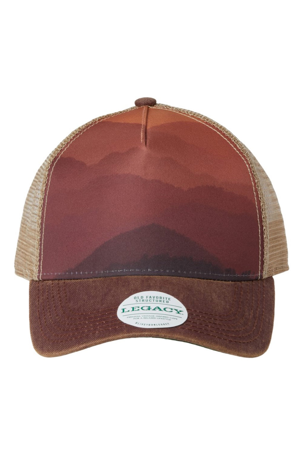 Legacy Hats OFAFP Mens Old Favorite Snapback Trucker Hat Mt Sunset/Maroon/Khaki Flat Front