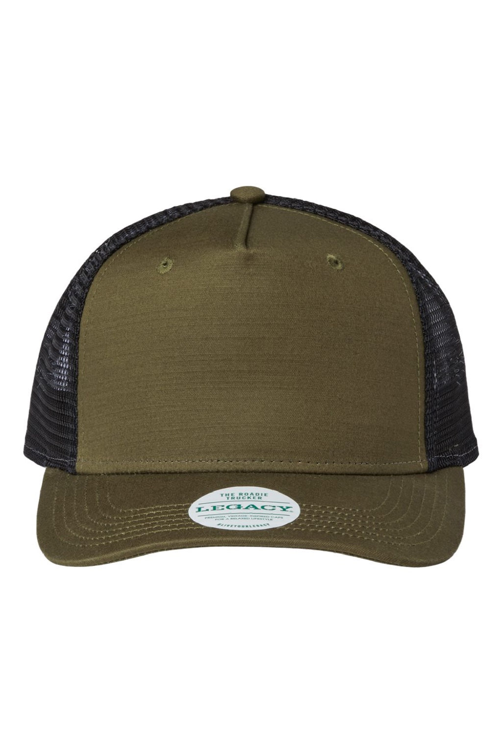 Legacy Hats ROADIE Mens 5 Panel Trucker Snapback Hat Olive Green Slub/Black Flat Front
