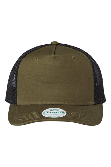 Legacy Hats ROADIE Mens 5 Panel Trucker Snapback Hat Olive Green Slub/Black Flat Front