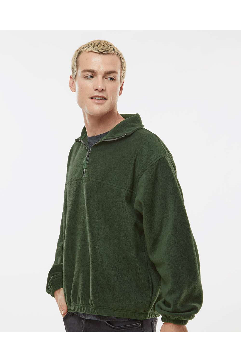 Burnside 3052 Mens Polar Fleece 1/4 Zip Sweatshirt Army Green Model Side