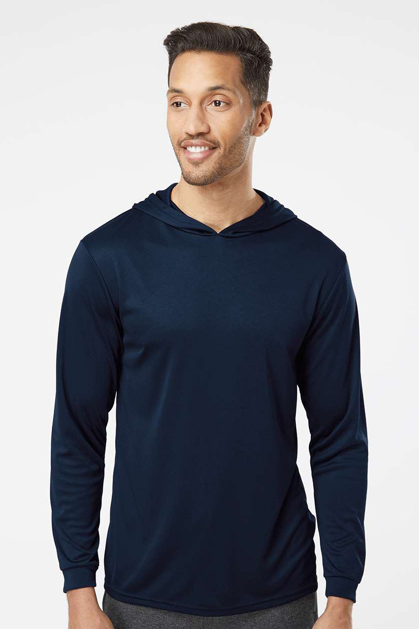 Paragon 220 Mens Bahama Performance Moisture Wicking Long Sleeve Hooded T-Shirt Hoodie Navy Blue Model Front