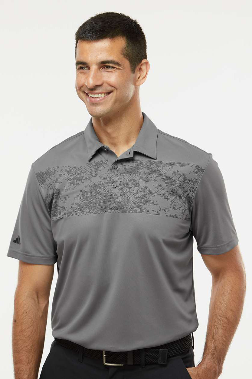 Adidas A585 Mens Camo Chest Print Short Sleeve Polo Shirt Light Grey Model Front