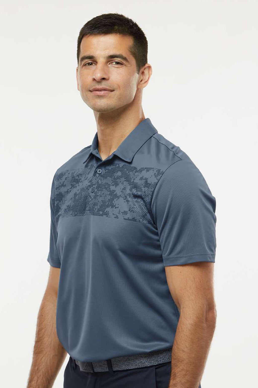 Adidas A585 Mens Camo Chest Print Short Sleeve Polo Shirt Tech Ink Blue Model Side