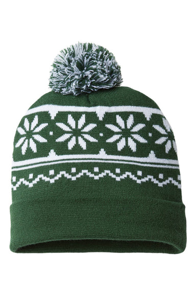 Cap America RKF12 Mens USA Made Snowflake Beanie Forest Green/White Flat Front