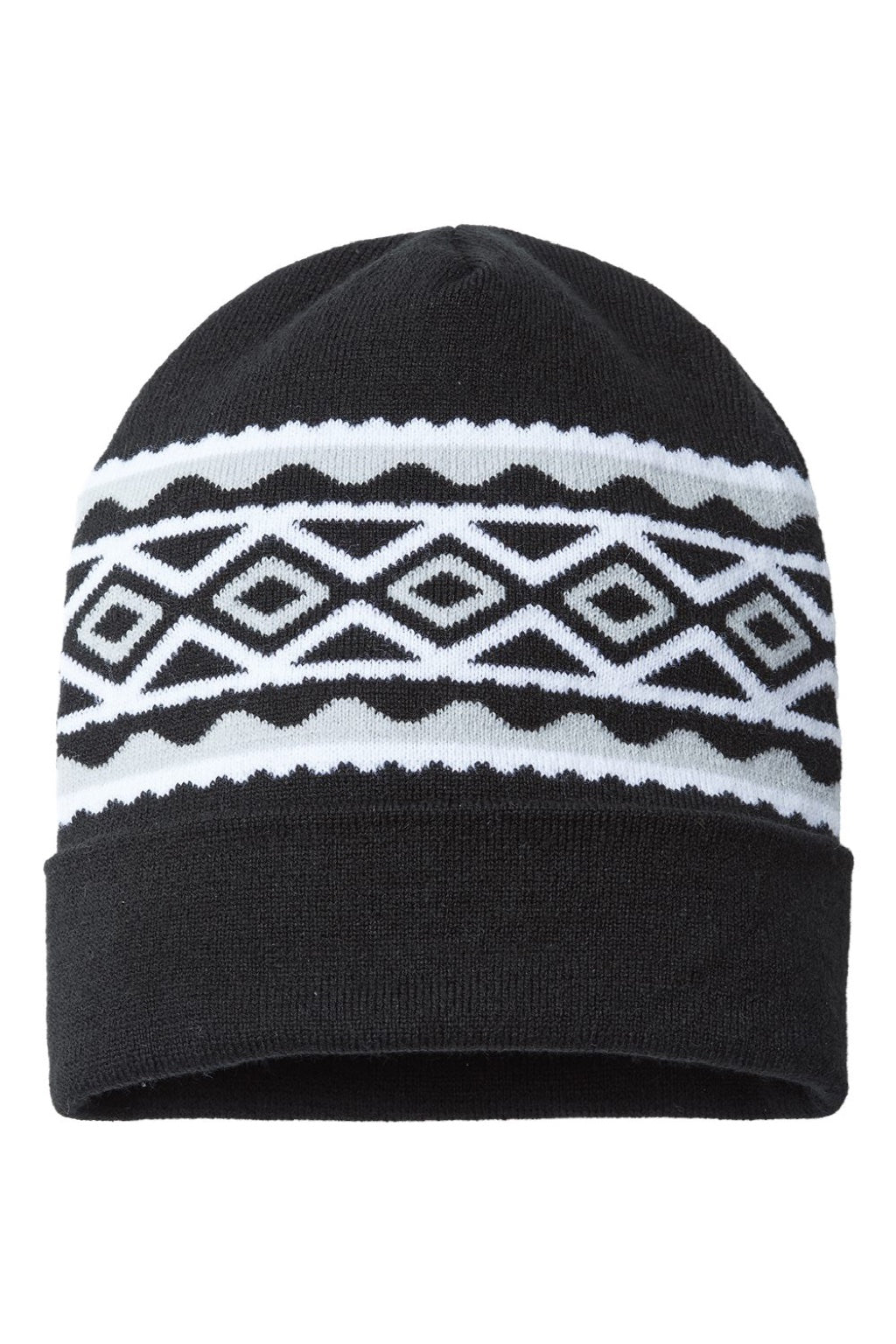 Cap America Hats RKD12 Unisex USA Made Diamond Cuffed Beanie Black/Silver Grey Flat Front