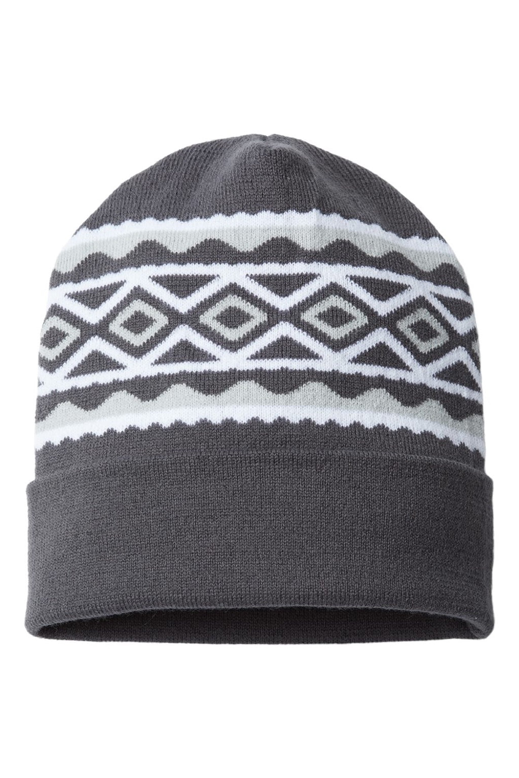 Cap America Hats RKD12 Unisex USA Made Diamond Cuffed Beanie Iron Grey/White Flat Front
