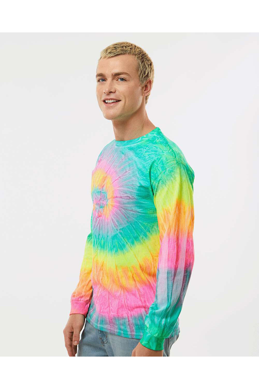 Colortone 2000 Mens Long Sleeve Crewneck T-Shirt Minty Rainbow Model Side