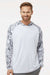 Paragon 240 Mens Tortuga Extreme Performance Moisture Wicking Long Sleeve Hooded T-Shirt Hoodie White/Aluminum Grey Camo Model Front