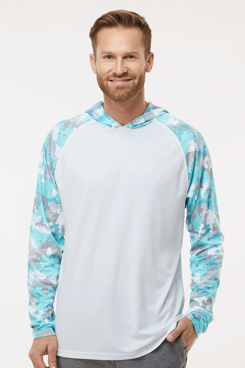 Paragon 240 Mens Tortuga Extreme Performance Moisture Wicking Long Sleeve Hooded T-Shirt Hoodie White/Aqua Blue Camo Model Front