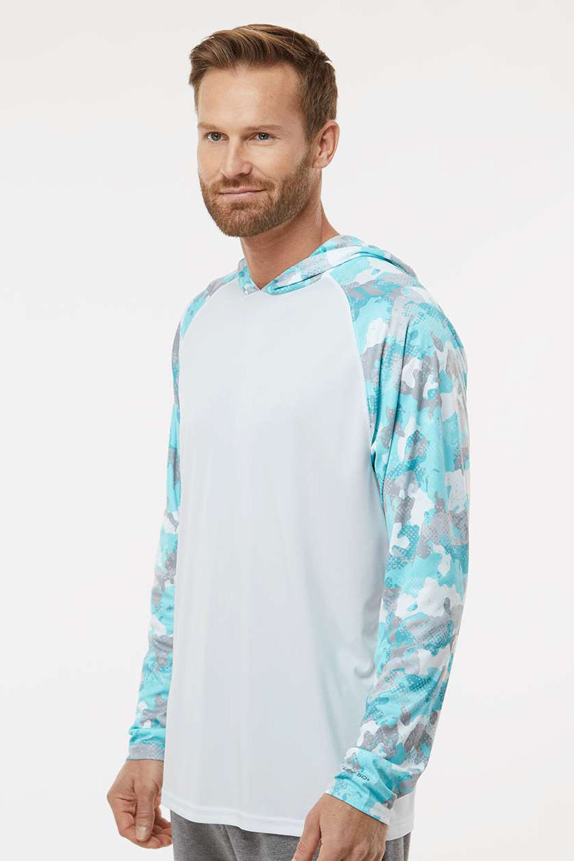 Paragon 240 Mens Tortuga Extreme Performance Moisture Wicking Long Sleeve Hooded T-Shirt Hoodie White/Aqua Blue Camo Model Side