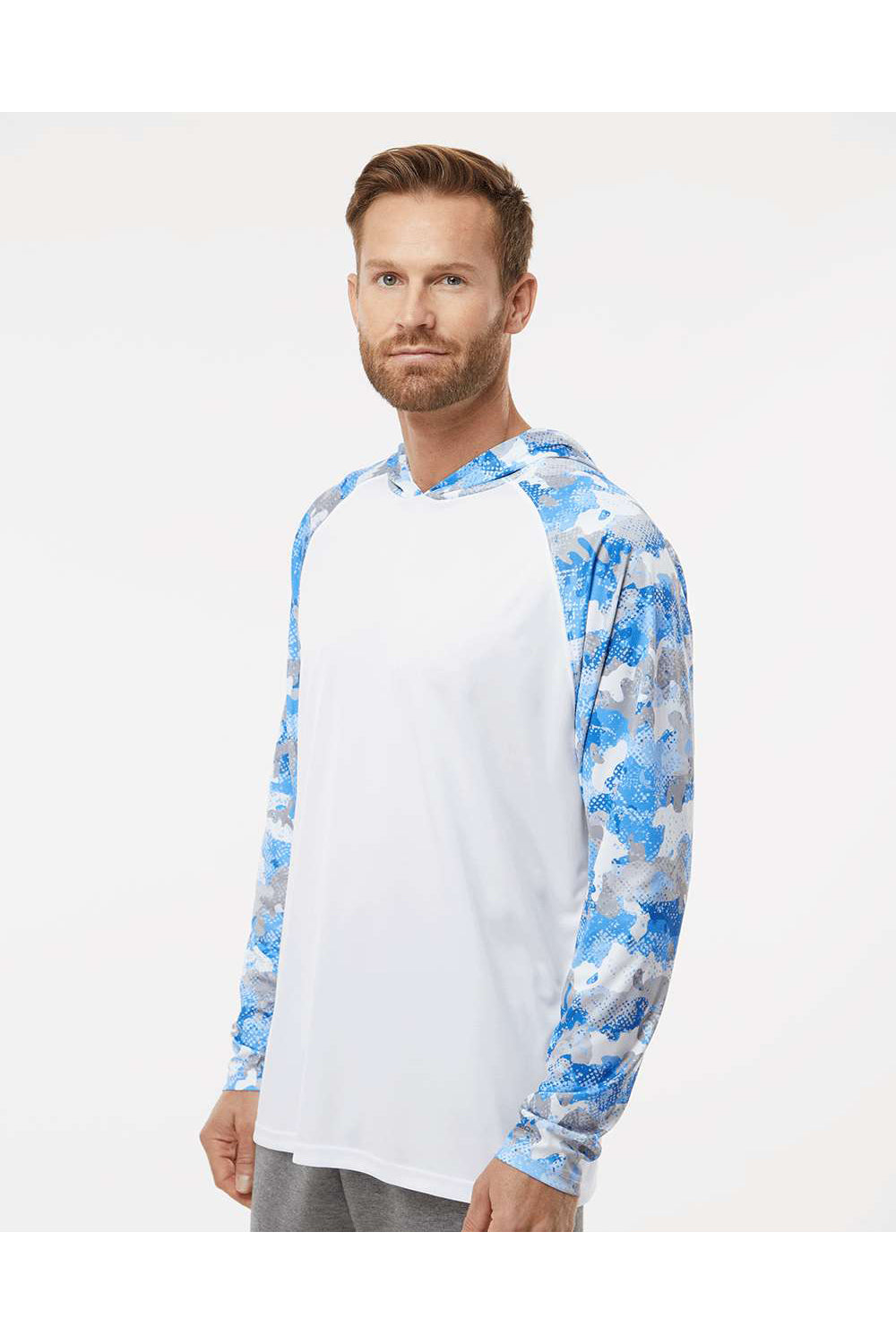 Paragon 240 Mens Tortuga Extreme Performance Long Sleeve Hooded T-Shirt Hoodie White/Blue Mist Camo Model Side