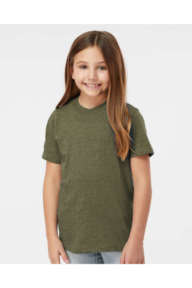 Tultex 235 Youth Fine Jersey Short Sleeve Crewneck T-Shirt Heather Military Green Model Front