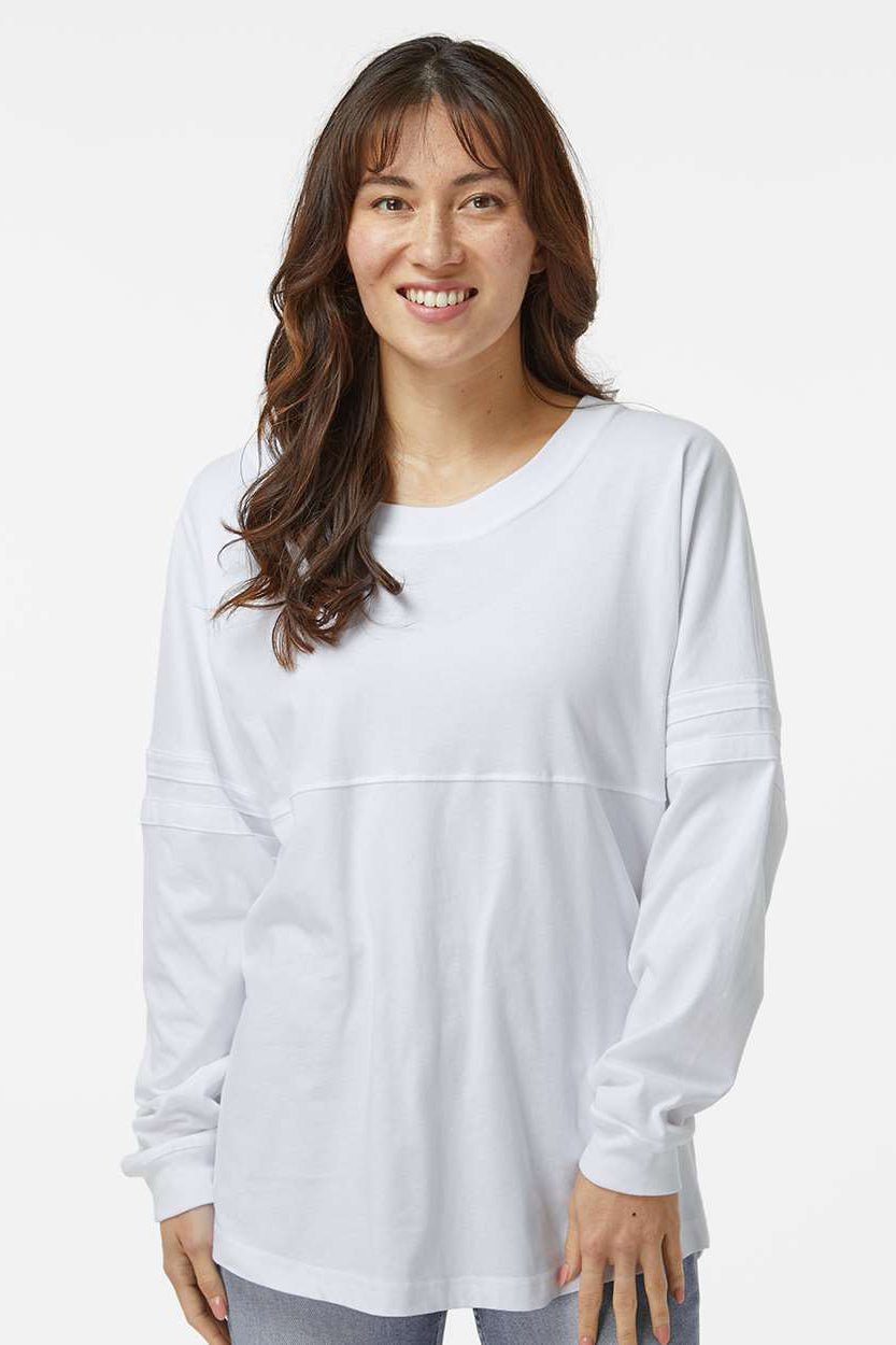 Boxercraft BW3514 Womens Pom Pom Long Sleeve Crewneck T-Shirt White Model Front