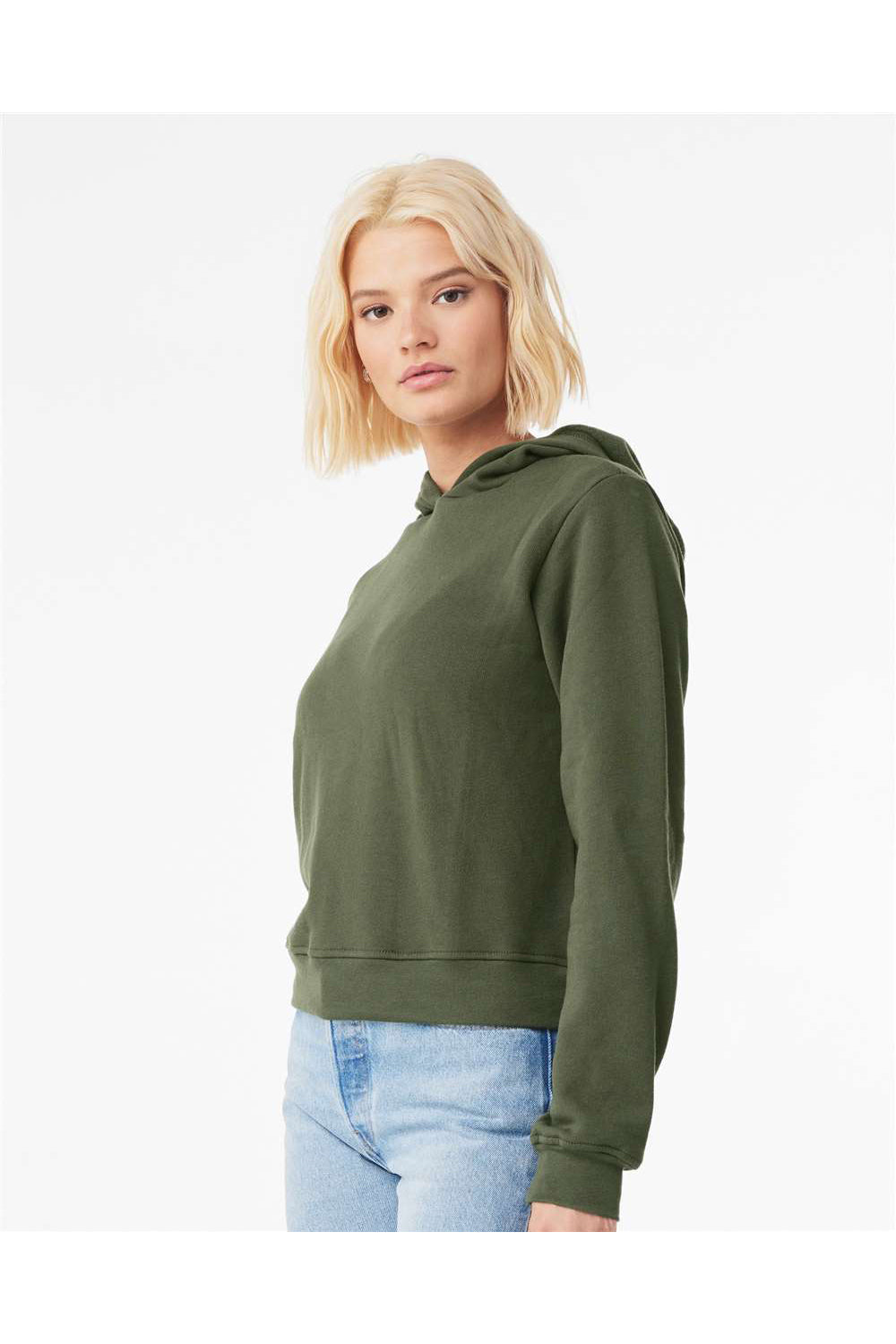 Bella + Canvas 7519 Womens Classic Hooded Sweatshirt Hoodie Military Green Model Side