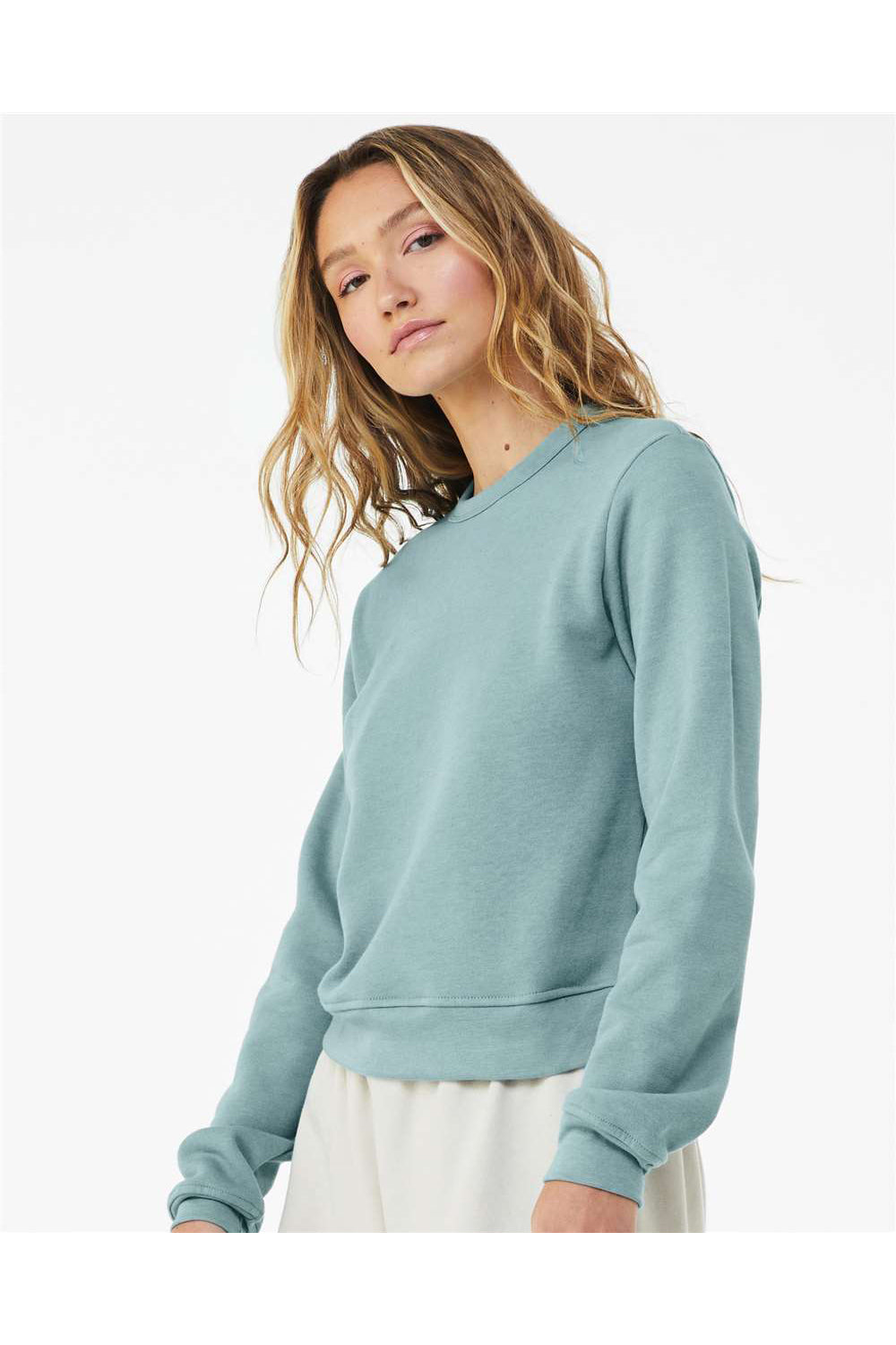 Bella + Canvas 7511 Womens Sponge Fleece Classic Crewneck Sweatshirt Heather Blue Lagoon Model Side