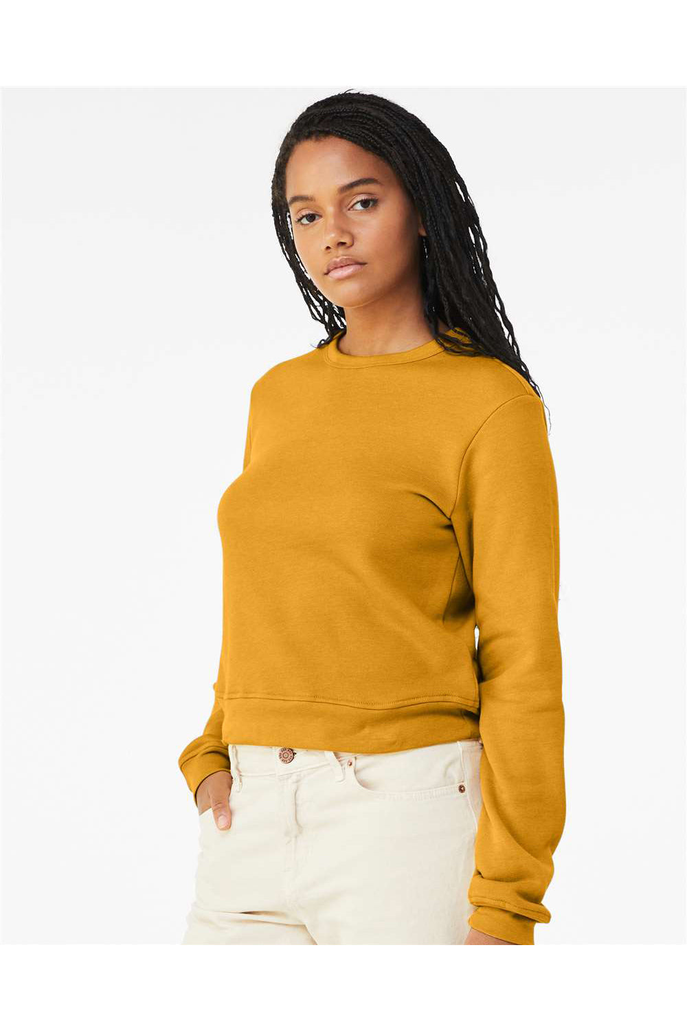 Bella + Canvas 7511 Womens Sponge Fleece Classic Crewneck Sweatshirt Heather Mustard Model Side