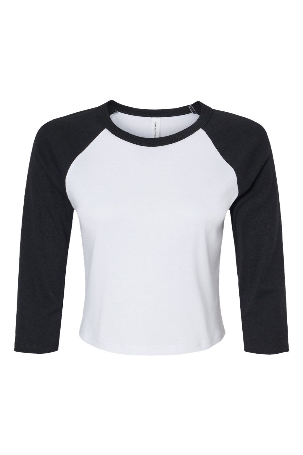 Bella + Canvas BC1200/1200 Womens Micro Ribbed Raglan 3/4 Sleeve Crewneck Baby T-Shirt White/Black Flat Front