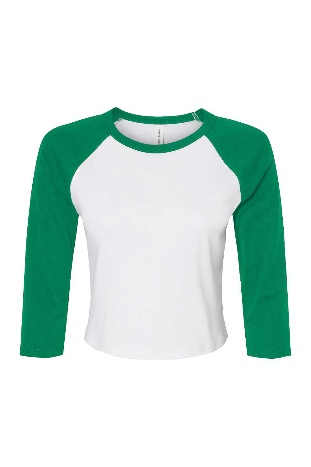 Bella + Canvas 1200 Womens Micro Ribbed Raglan 3/4 Sleeve Crewneck Baby T-Shirt White/Kelly Green Flat Front