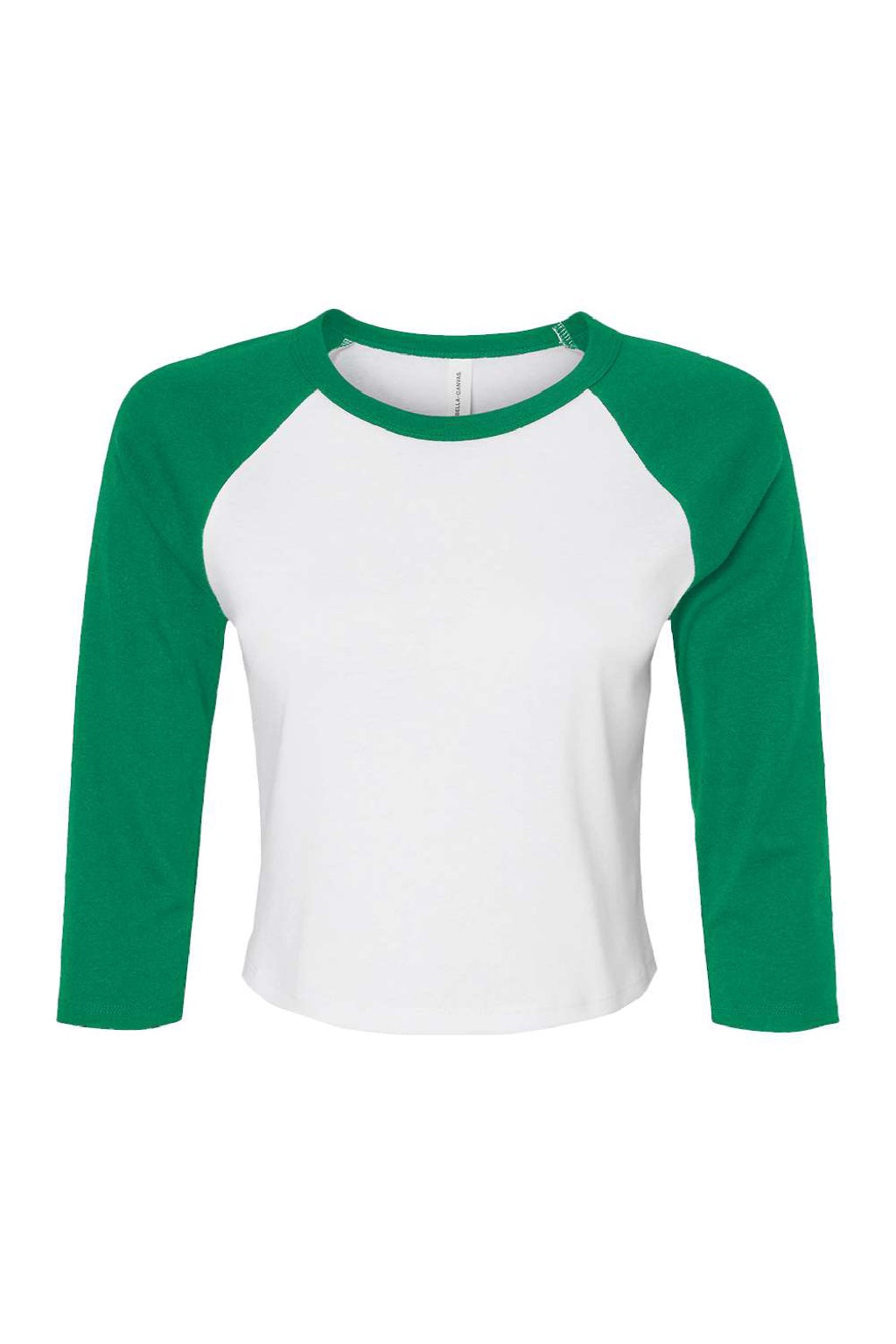 Bella + Canvas BC1200/1200 Womens Micro Ribbed Raglan 3/4 Sleeve Crewneck Baby T-Shirt White/Kelly Green Flat Front