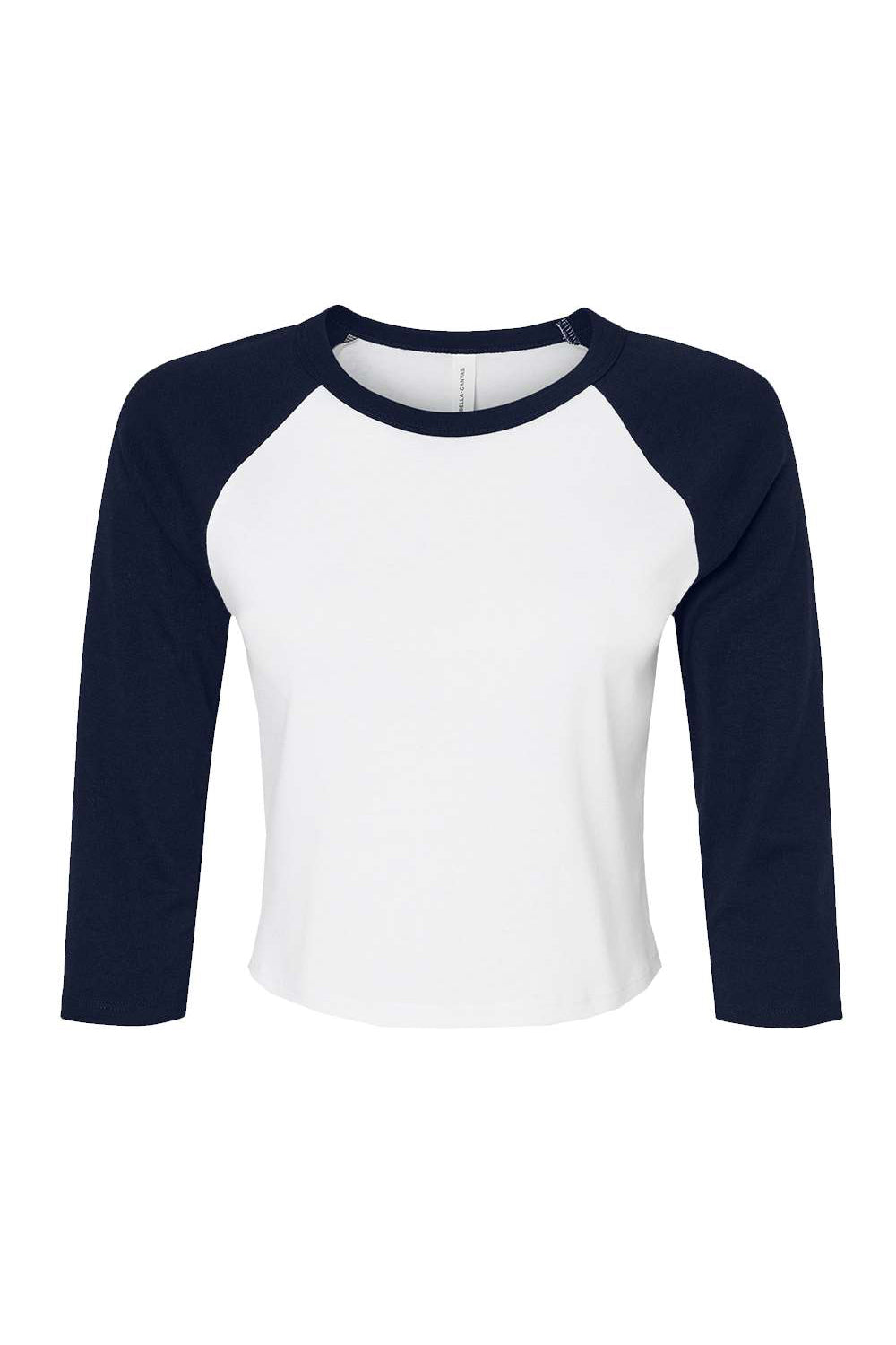 Bella + Canvas 1200 Womens Micro Ribbed Raglan 3/4 Sleeve Crewneck Baby T-Shirt White/Navy Blue Flat Front