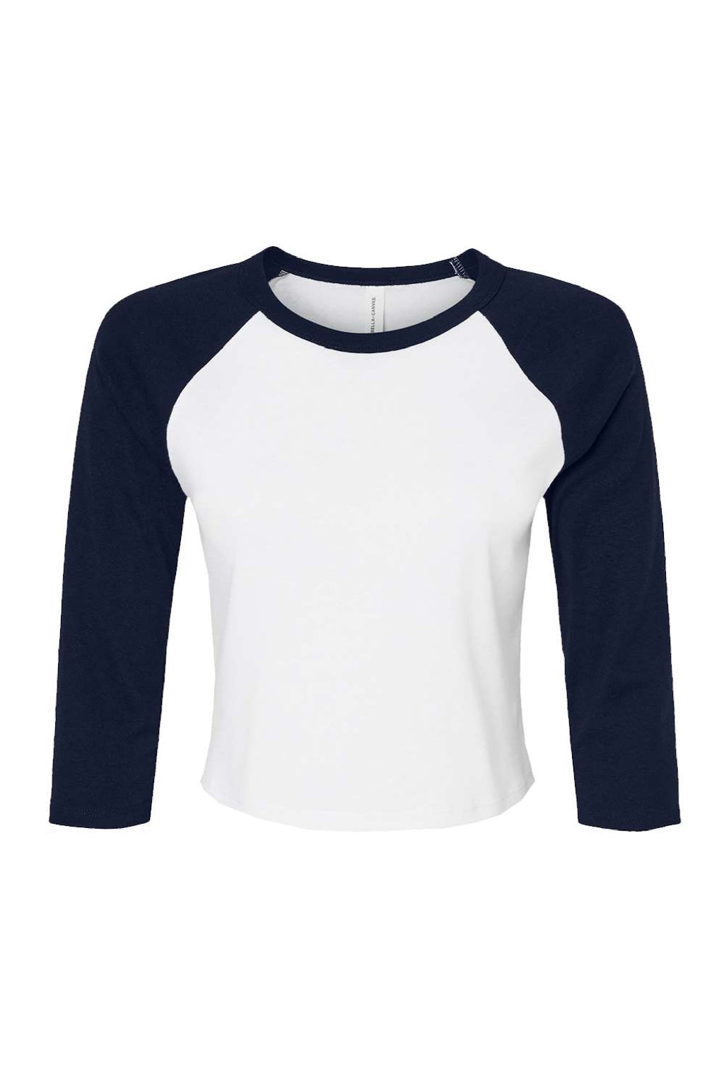 Bella + Canvas BC1200/1200 Womens Micro Ribbed Raglan 3/4 Sleeve Crewneck Baby T-Shirt White/Navy Blue Flat Front
