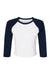 Bella + Canvas BC1200/1200 Womens Micro Ribbed Raglan 3/4 Sleeve Crewneck Baby T-Shirt White/Navy Blue Flat Front