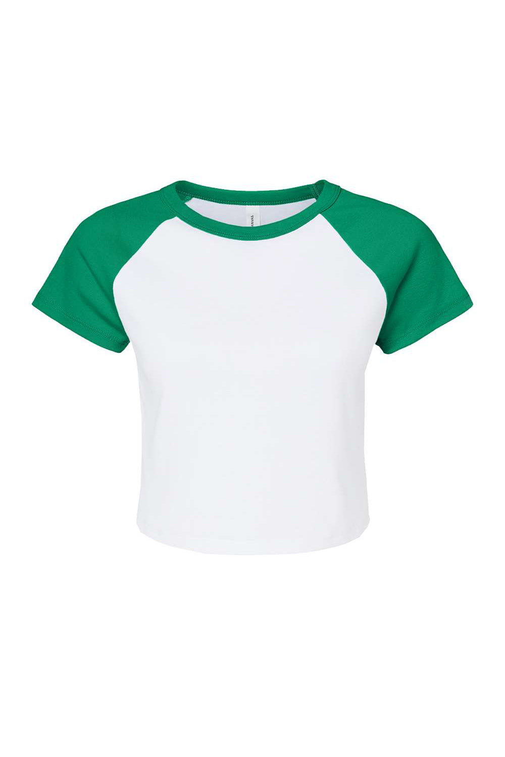 Bella + Canvas 1201 Womens Micro Ribbed Raglan Short Sleeve Crewneck Baby T-Shirt White/Kelly Green Flat Front