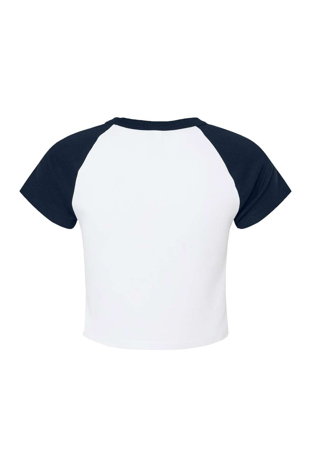 Bella + Canvas 1201 Womens Micro Ribbed Raglan Short Sleeve Crewneck Baby T-Shirt White/Navy Blue Flat Back