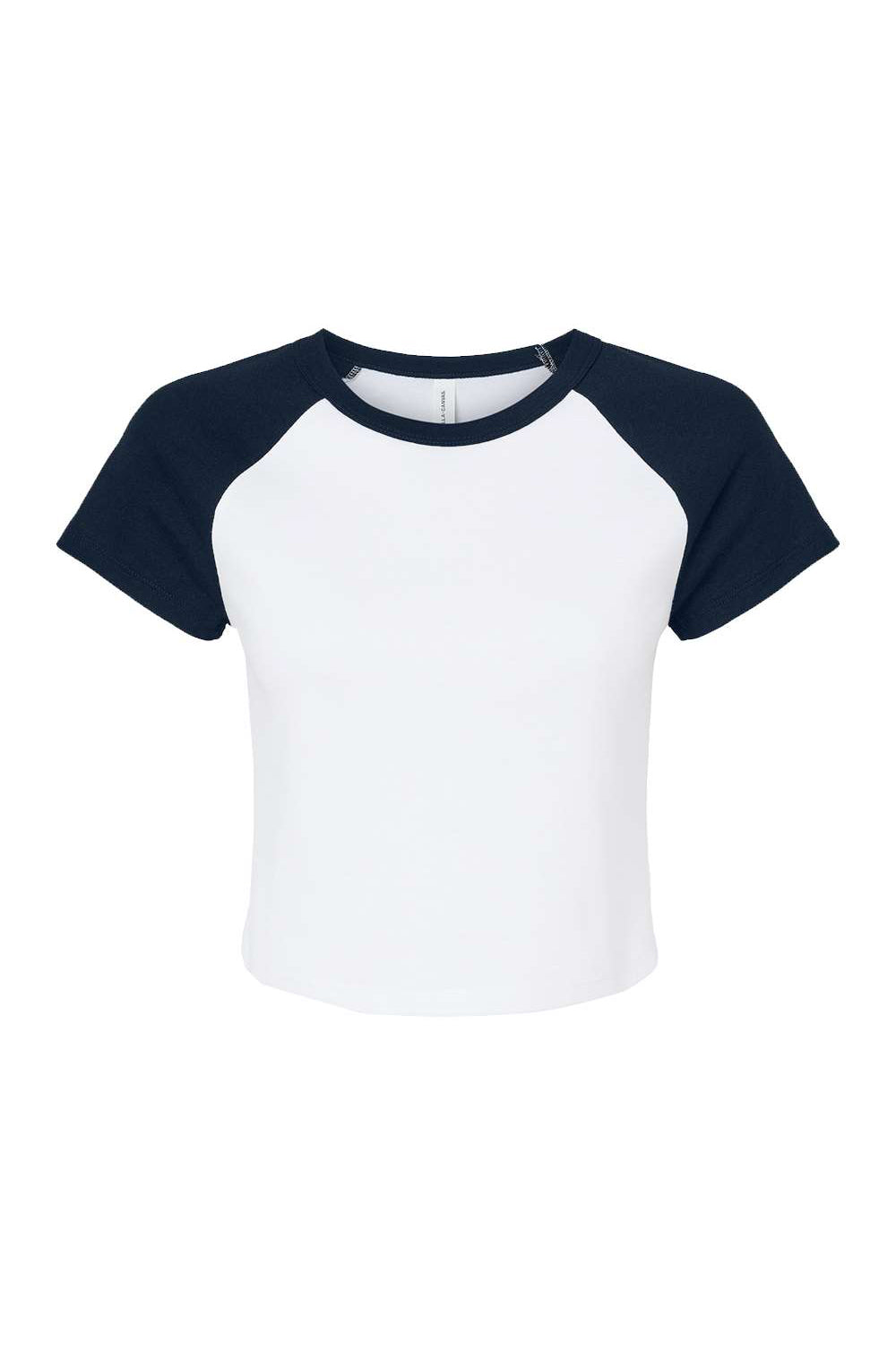 Bella + Canvas 1201 Womens Micro Ribbed Raglan Short Sleeve Crewneck Baby T-Shirt White/Navy Blue Flat Front